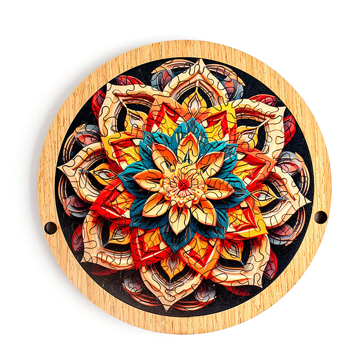 Puzle y marco de madera con 70 piezas. Diseño Flor multicolor.