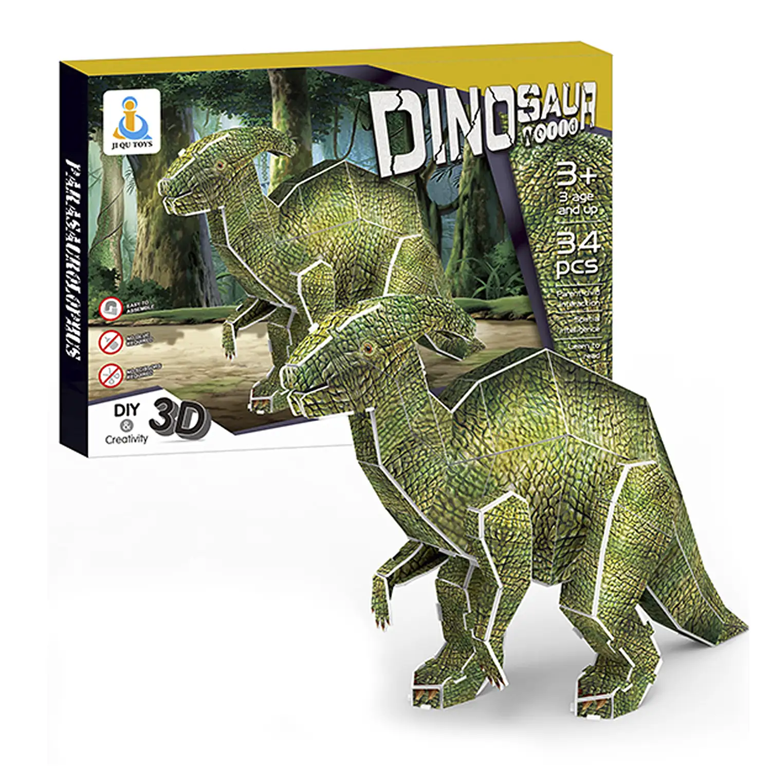 Puzle 3D de cartón del dinosaurio Parasaurolophus. 34 piezas.