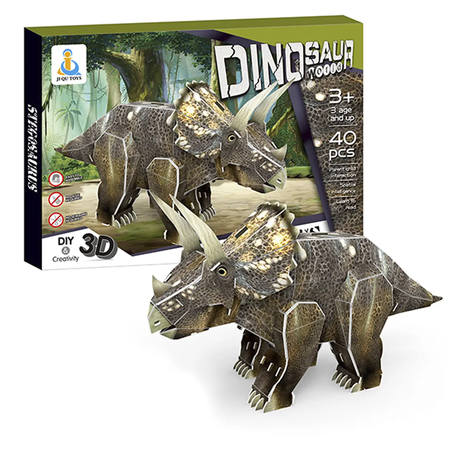 Puzle 3D de cartón del dinosaurio Triceratops. 40 piezas.