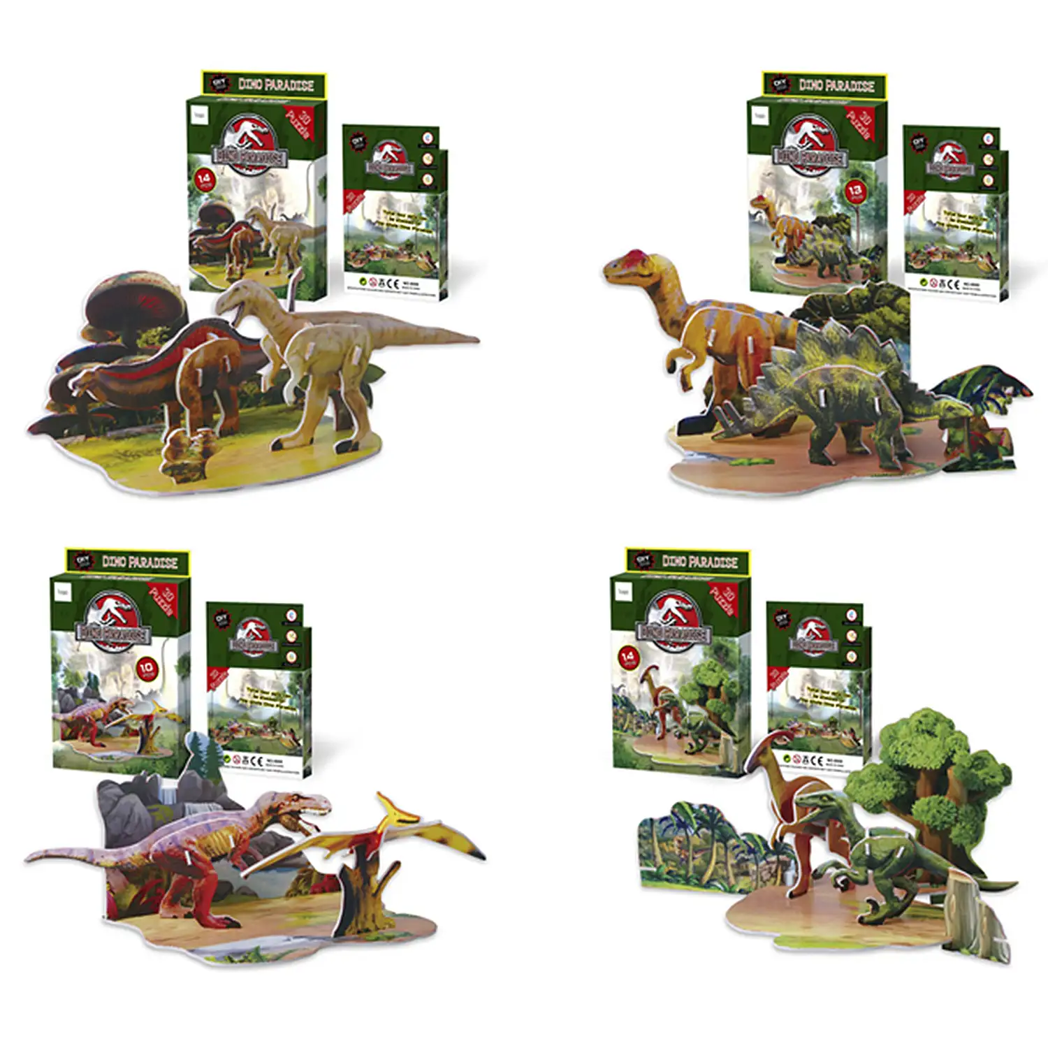 Pack de 4 puzles 3D de diferentes dinosaurios. Con un total de 51 piezas.