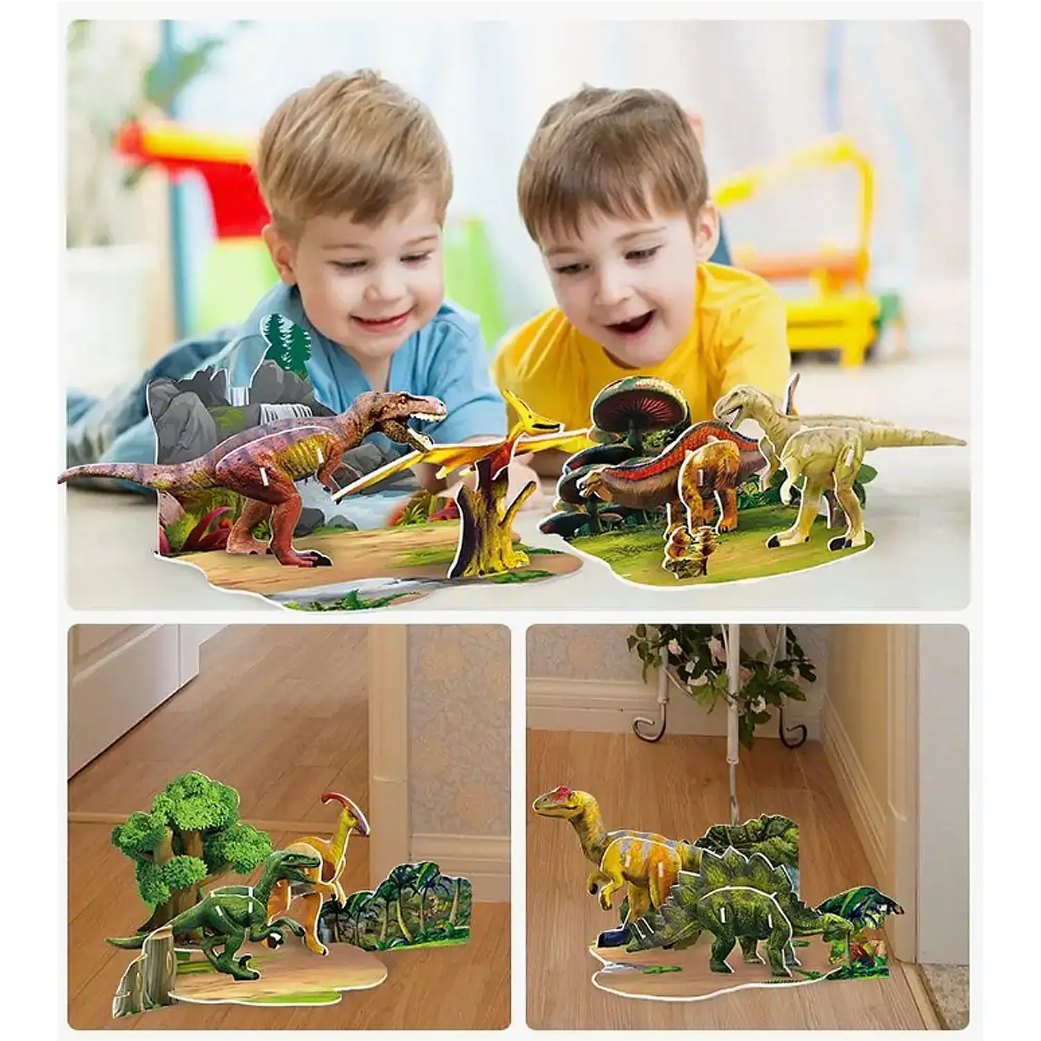 Pack de 4 puzles 3D de diferentes dinosaurios. Con un total de 51 piezas.