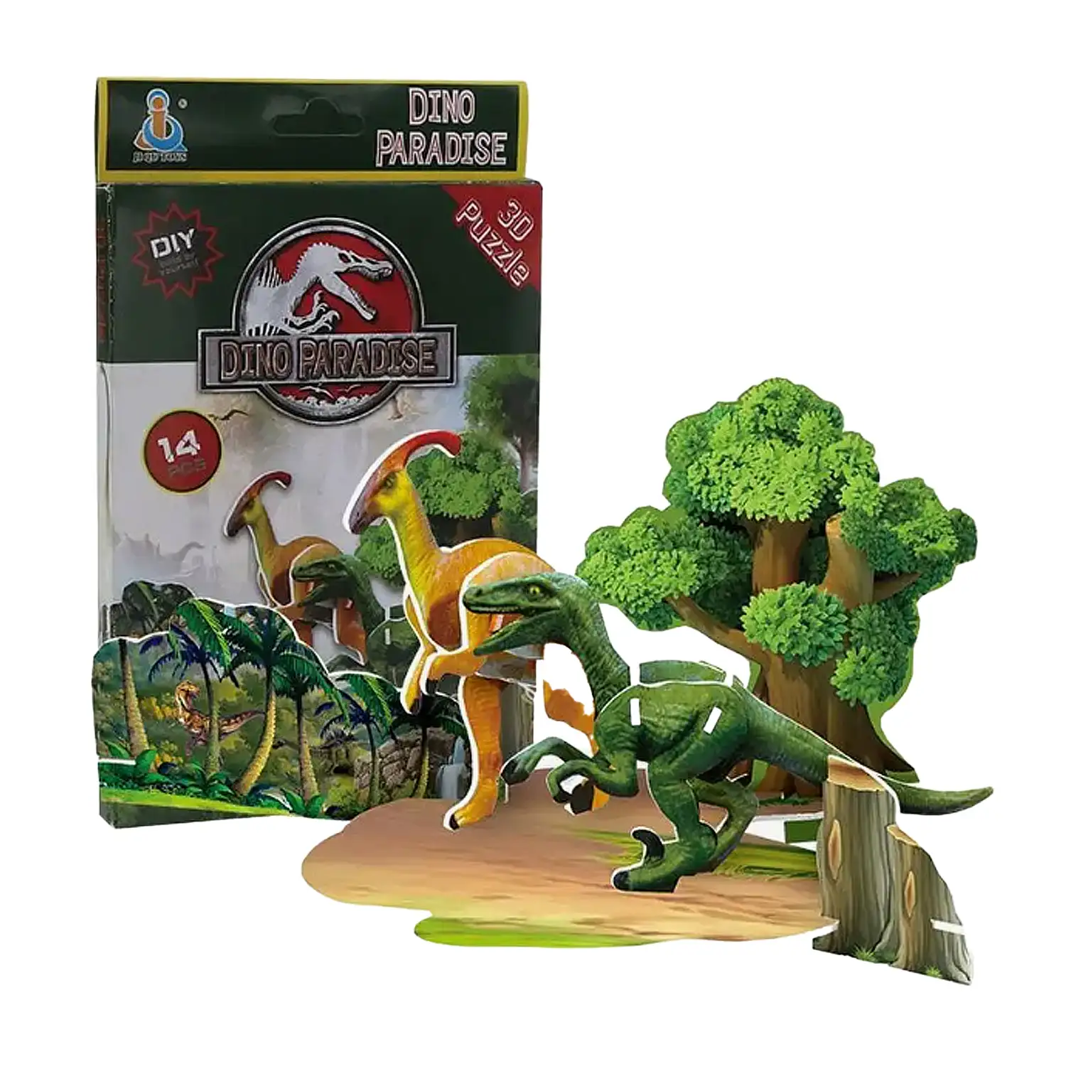 Pack de 4 puzles 3D de diferentes dinosaurios. Con un total de 51 piezas.
