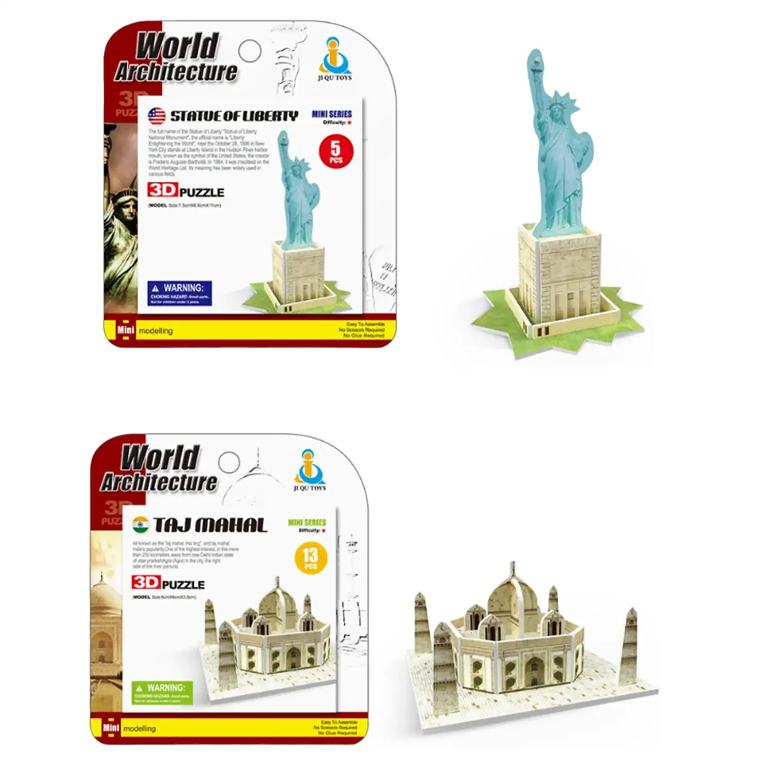 Pack de 6 mini puzles 3D de cartón con diferentes construcciones famosas. Con un total de 62 piezas.