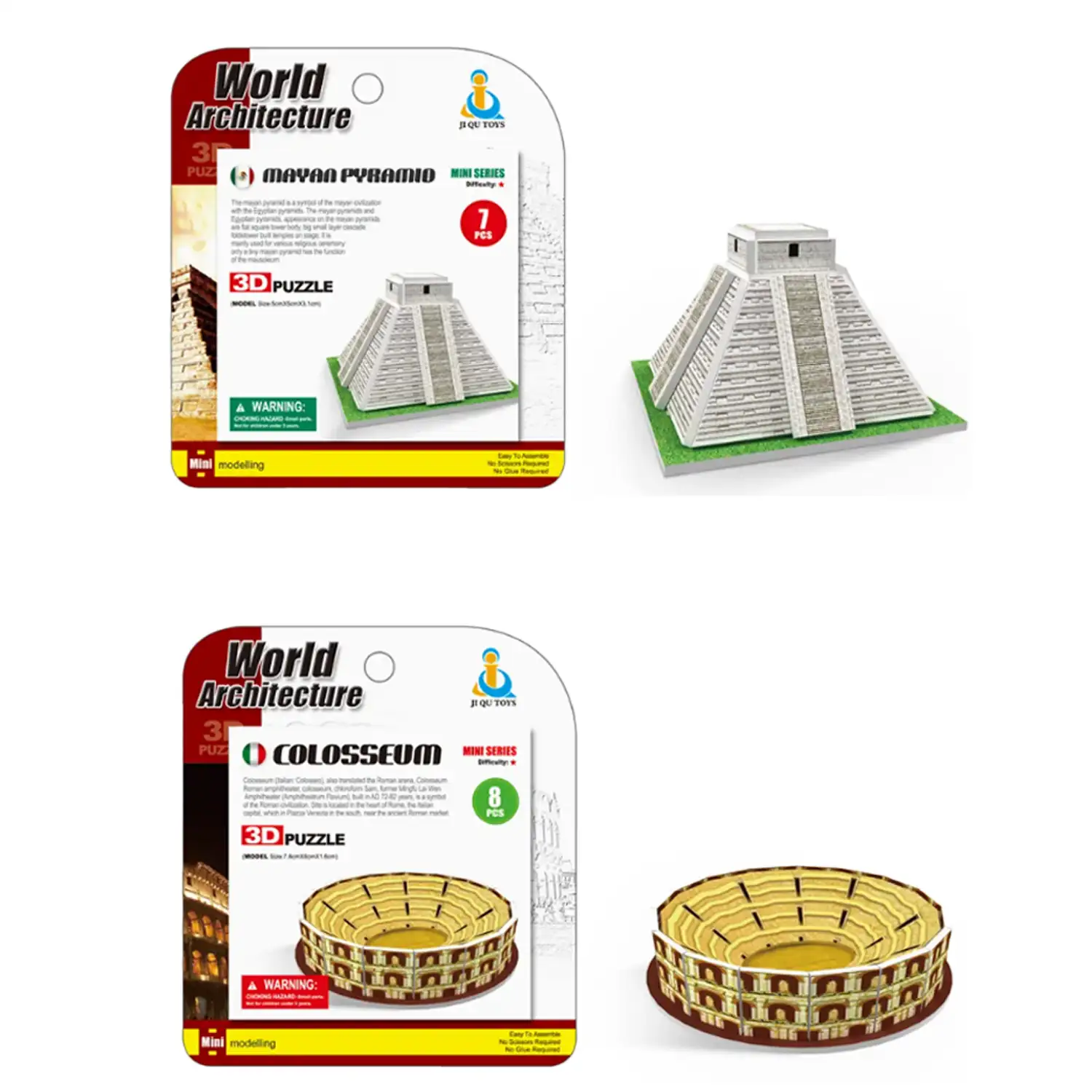 Pack de 6 mini puzles 3D de cartón con diferentes construcciones famosas. Con un total de 62 piezas.