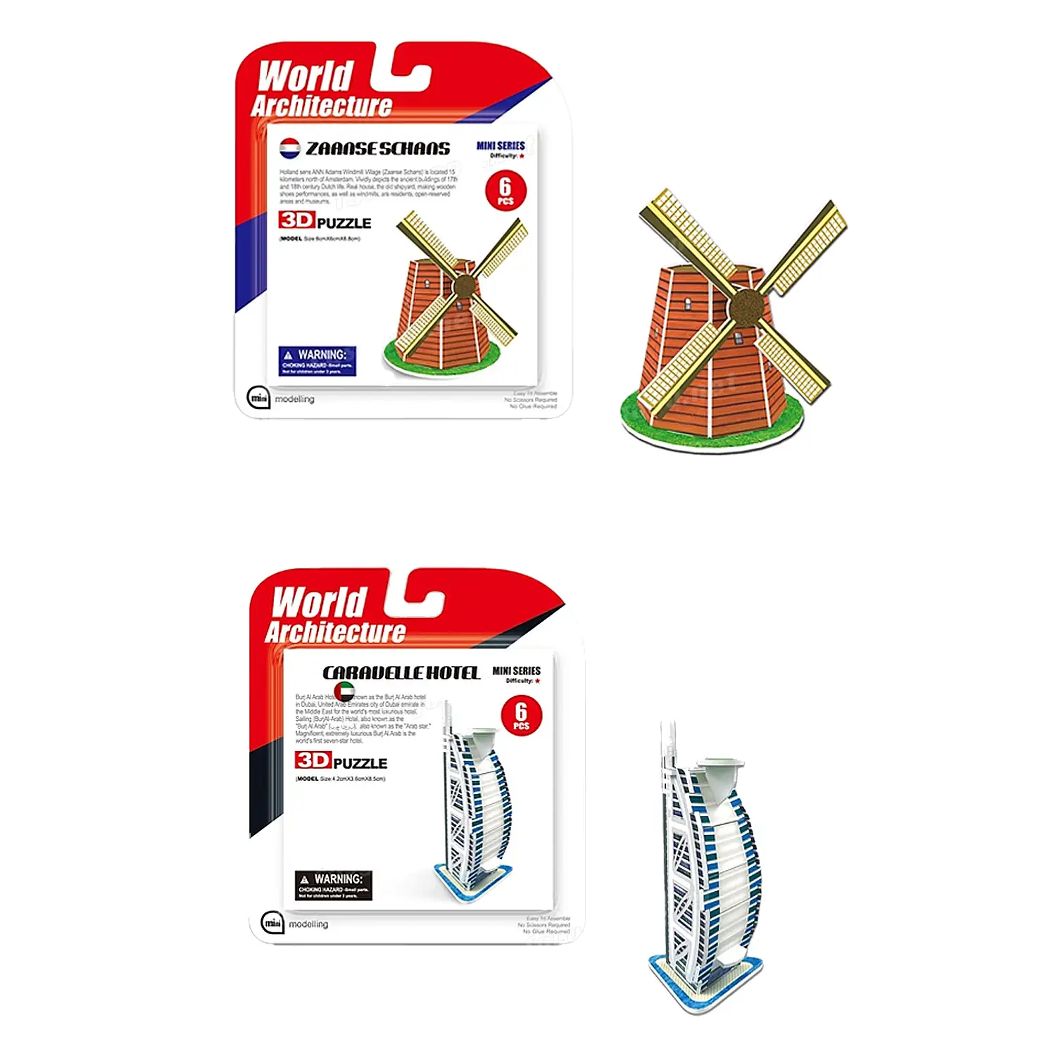 Pack de 6 mini puzles 3D de cartón con diferentes torres famosas. Con un total de 36 piezas.