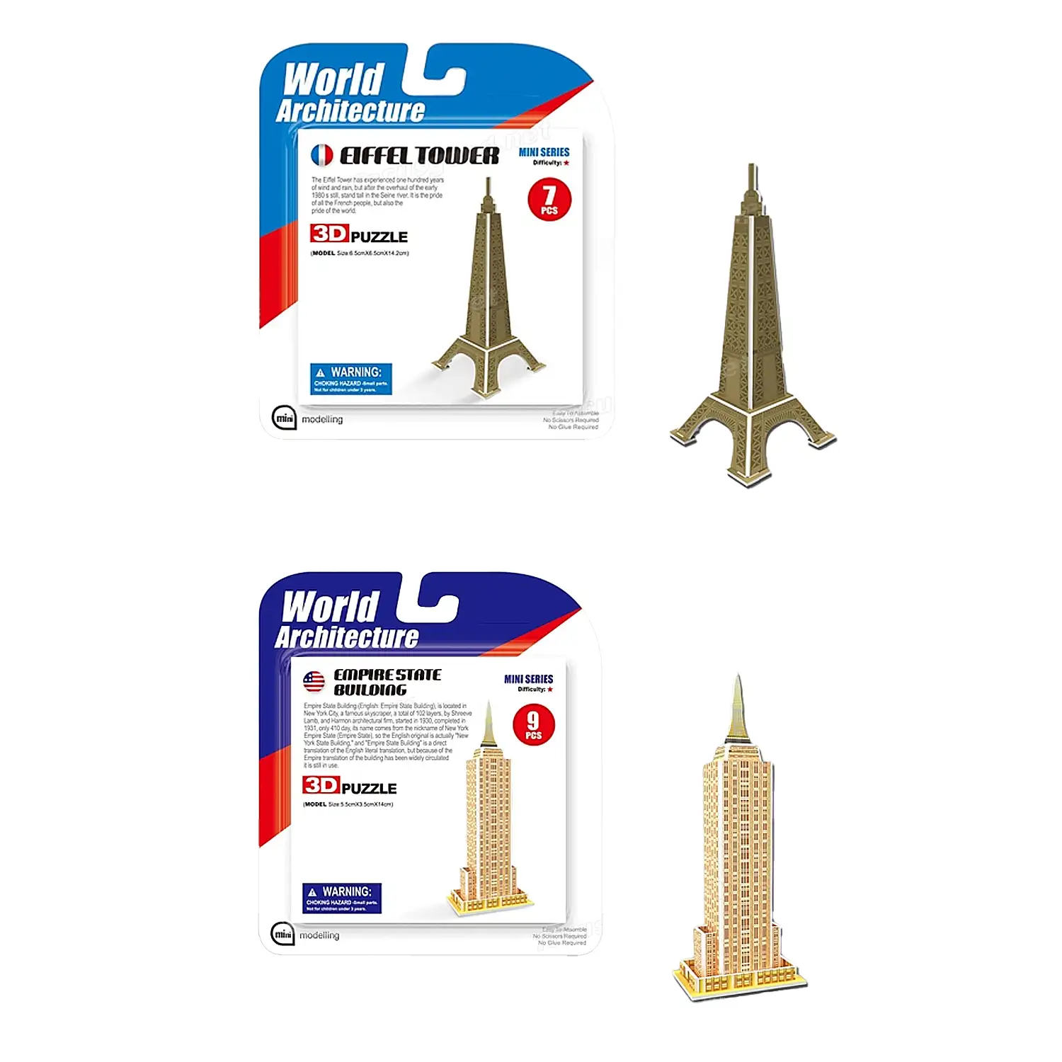 Pack de 6 mini puzles 3D de cartón con diferentes torres famosas. Con un total de 36 piezas.