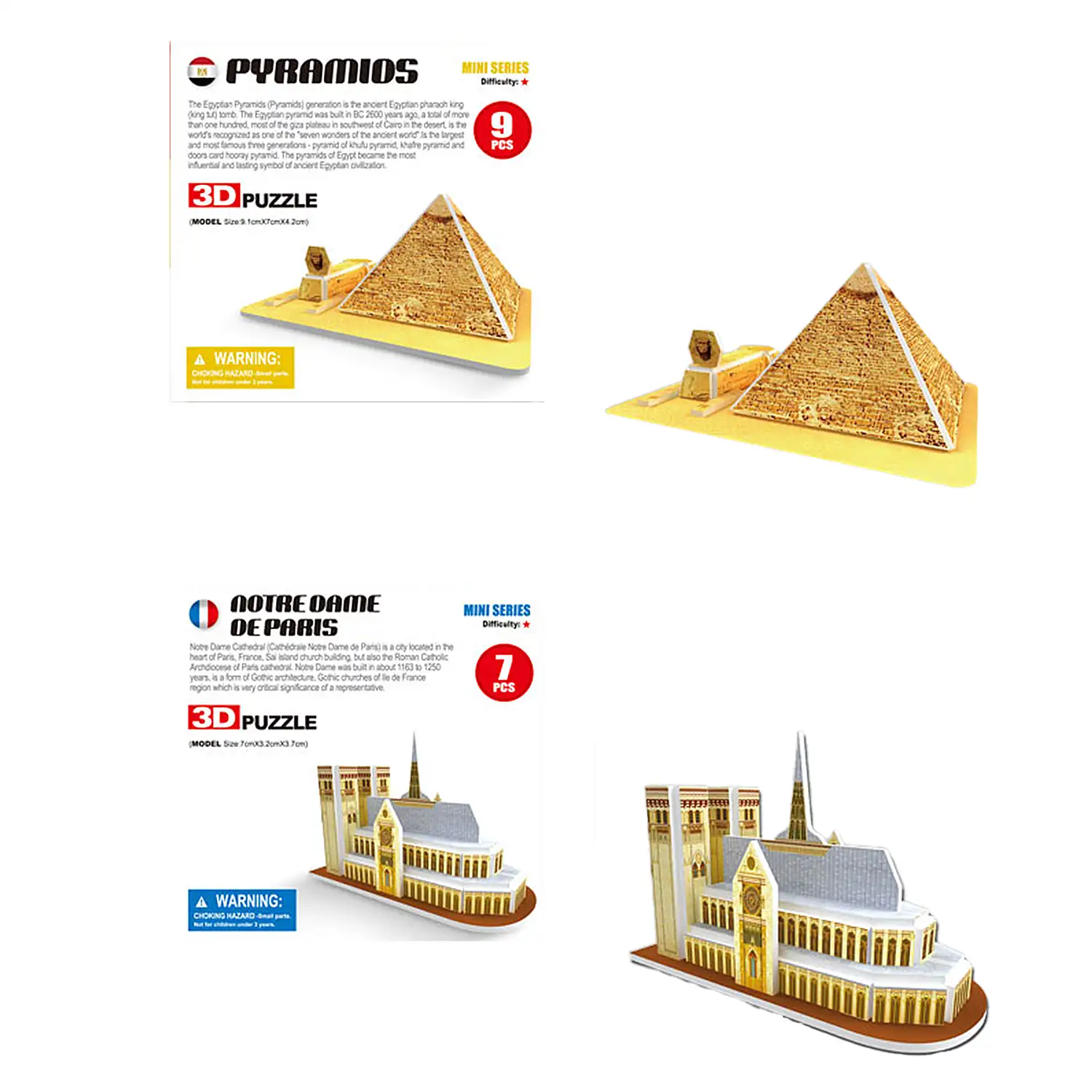 Pack de 6 mini puzles 3D de cartón con diferentes arquitecturas famosas. Con un total de 53 piezas.