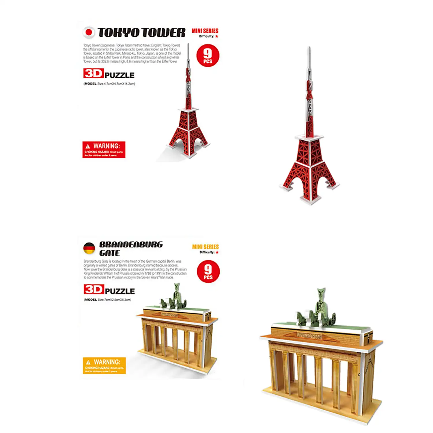 Pack de 6 mini puzles 3D de cartón con diferentes arquitecturas famosas. Con un total de 53 piezas.