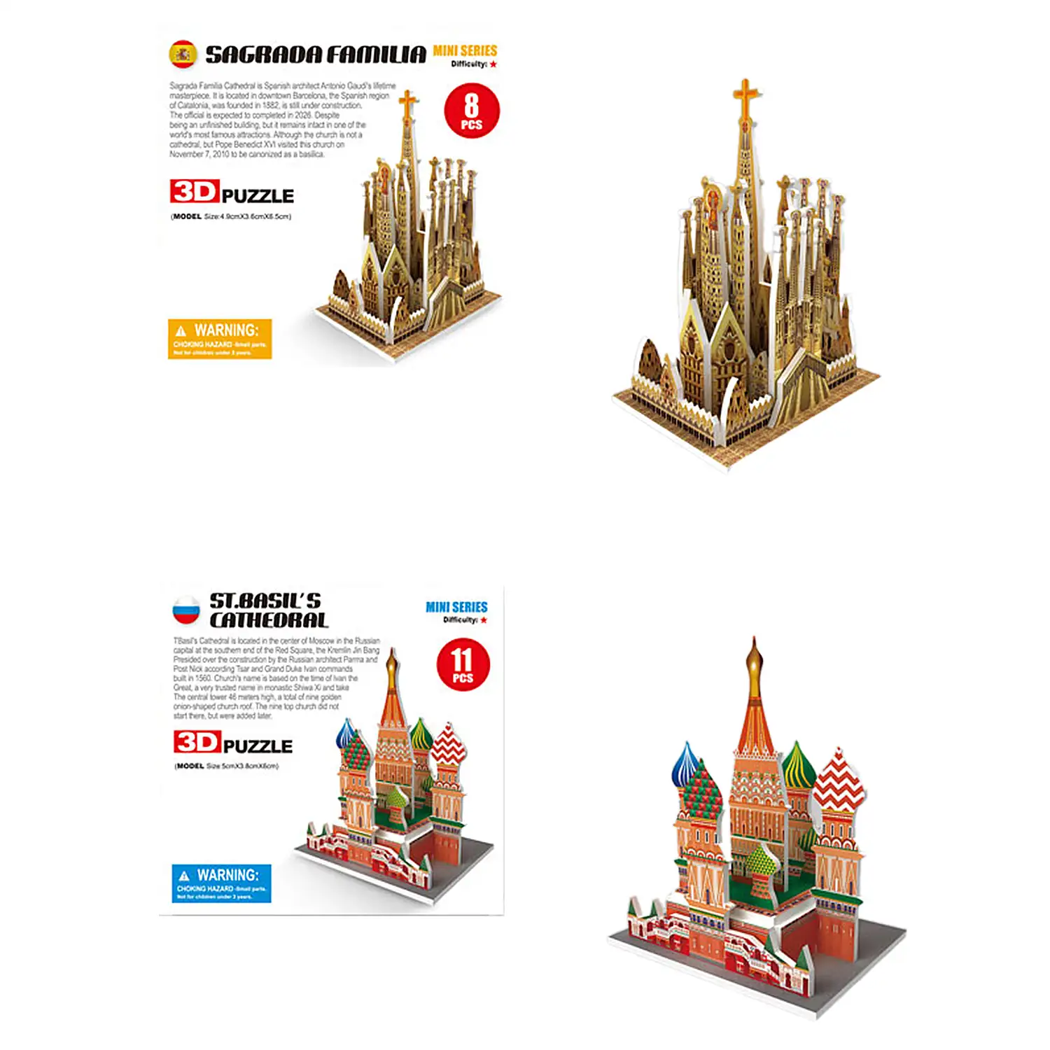 Pack de 6 mini puzles 3D de cartón con diferentes arquitecturas famosas. Con un total de 53 piezas.