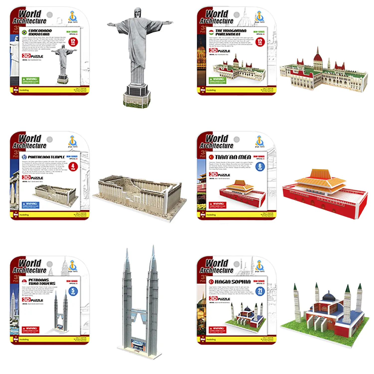 Pack de 6 mini puzles 3D de cartón con diferentes monumentos famosos. Con un total de 60 piezas.