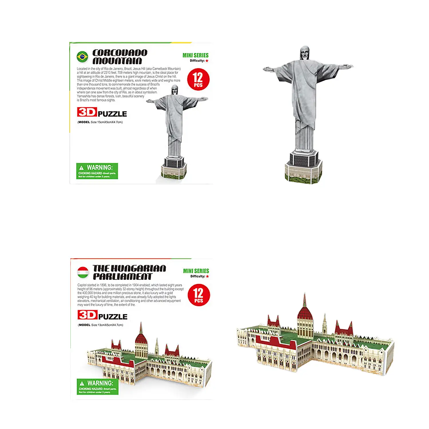 Pack de 6 mini puzles 3D de cartón con diferentes monumentos famosos. Con un total de 60 piezas.