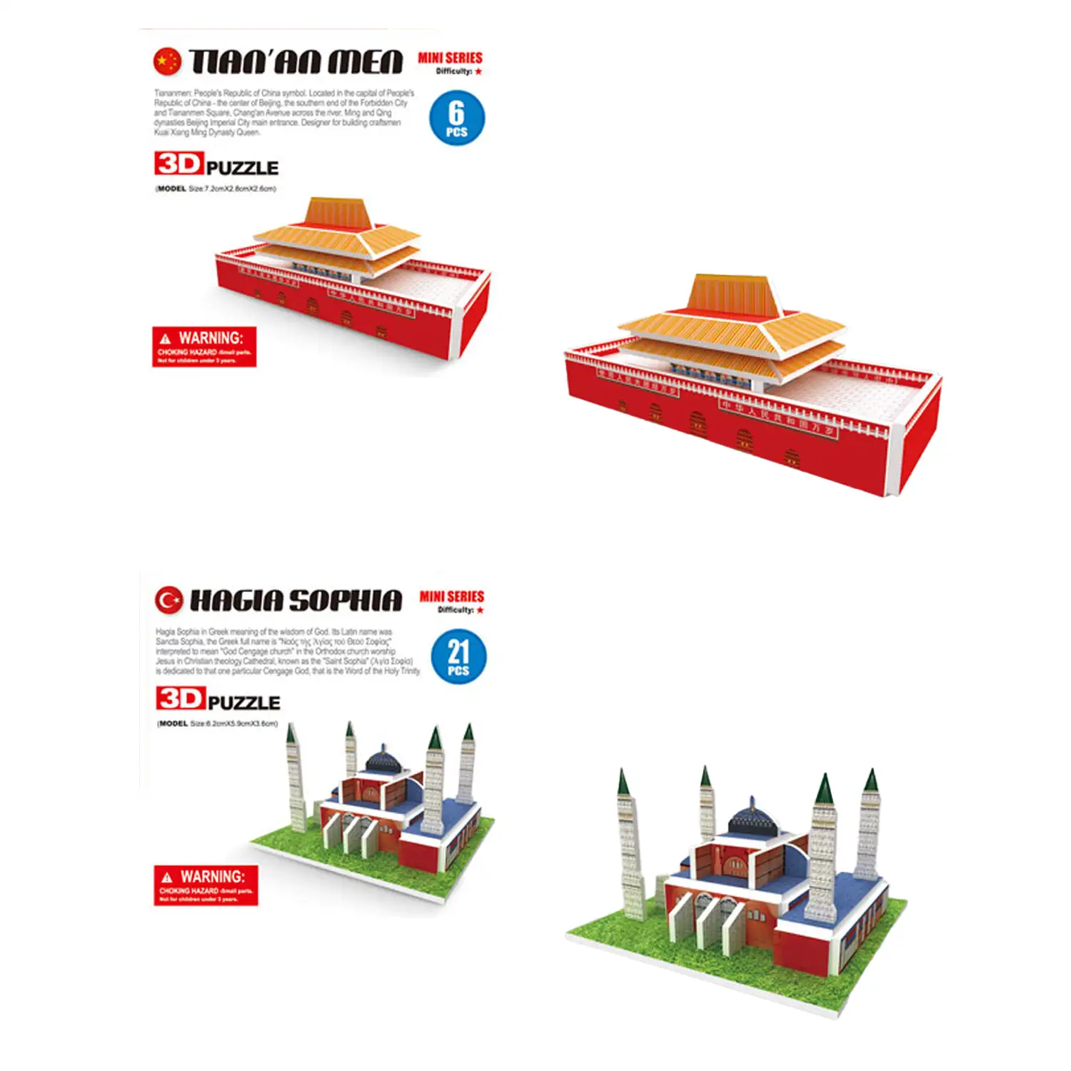 Pack de 6 mini puzles 3D de cartón con diferentes monumentos famosos. Con un total de 60 piezas.