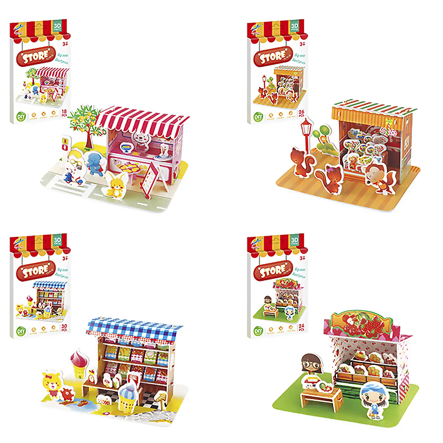Pack de 4 puzles 3D de cartón con diferentes puestos de venta. Con un total de 98 piezas.