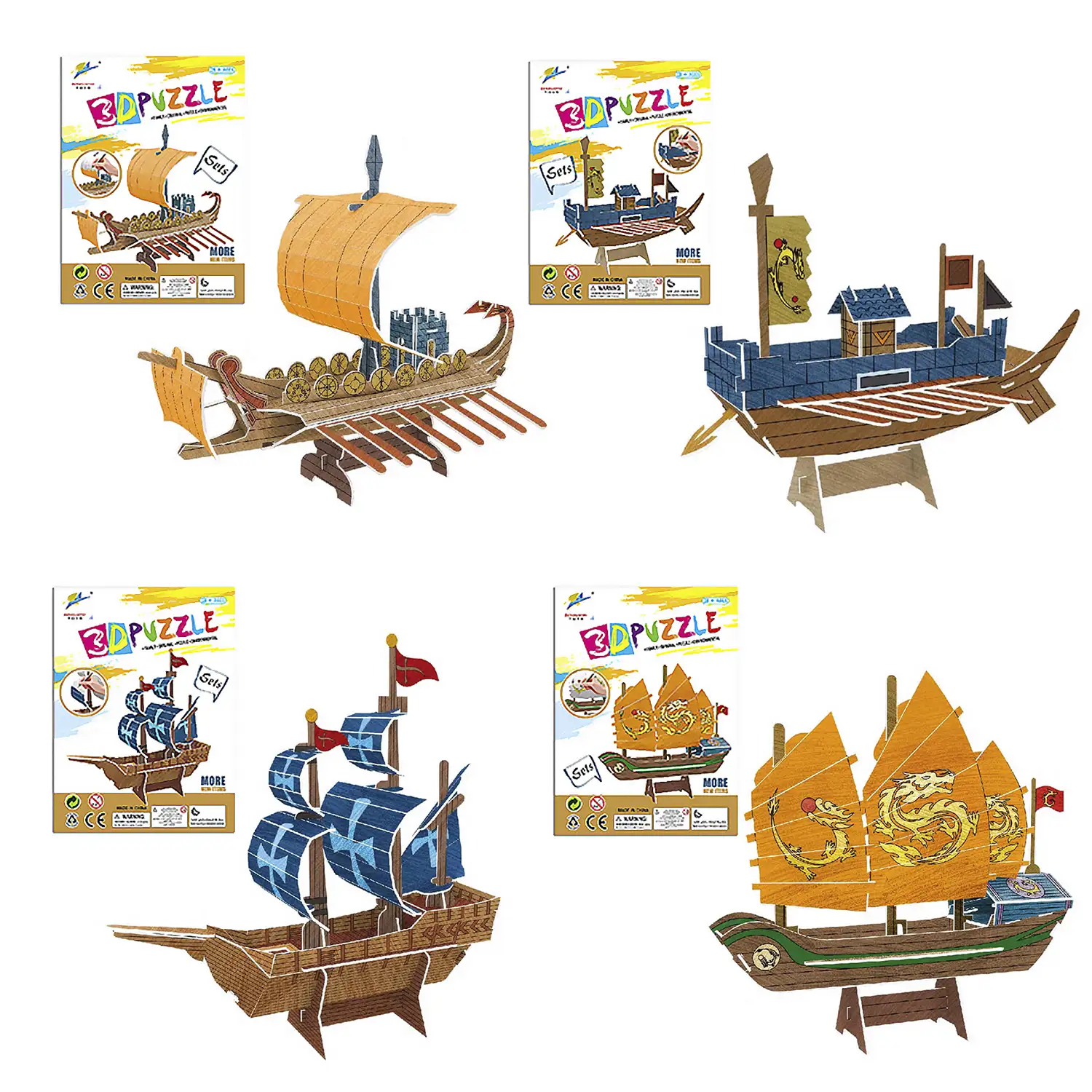 Pack de 4 puzles 3D para colorear de diferentes barcos antiguos. Con un total de 66 piezas de cartón.