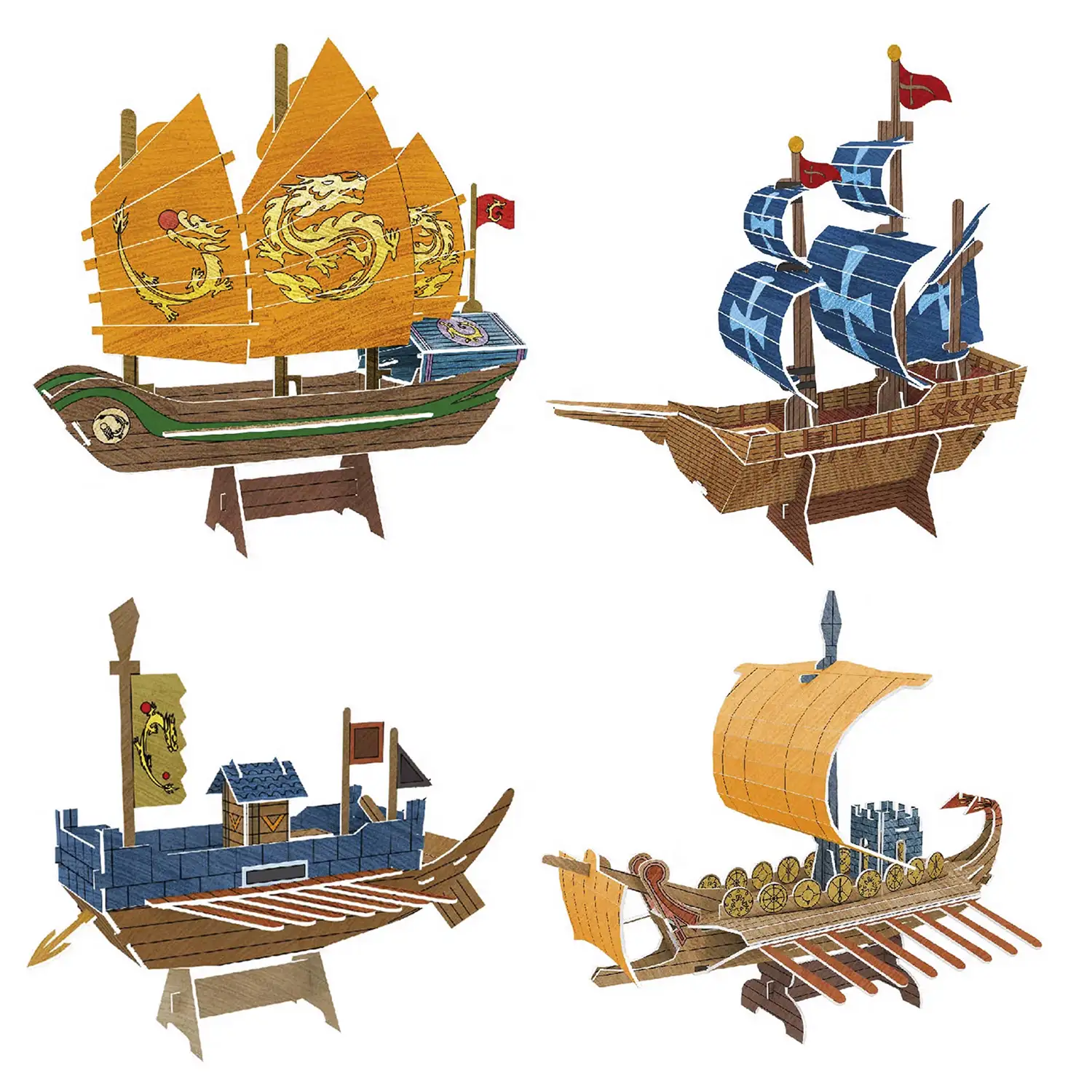 Pack de 4 puzles 3D para colorear de diferentes barcos antiguos. Con un total de 66 piezas de cartón.
