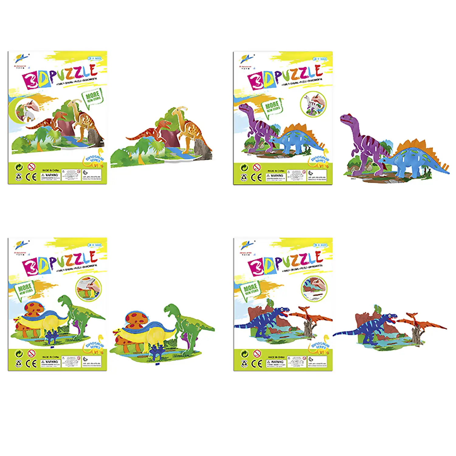 Pack de 4 puzles 3D para colorear de diferentes dinosaurios. Con un total de 51 piezas de cartón.