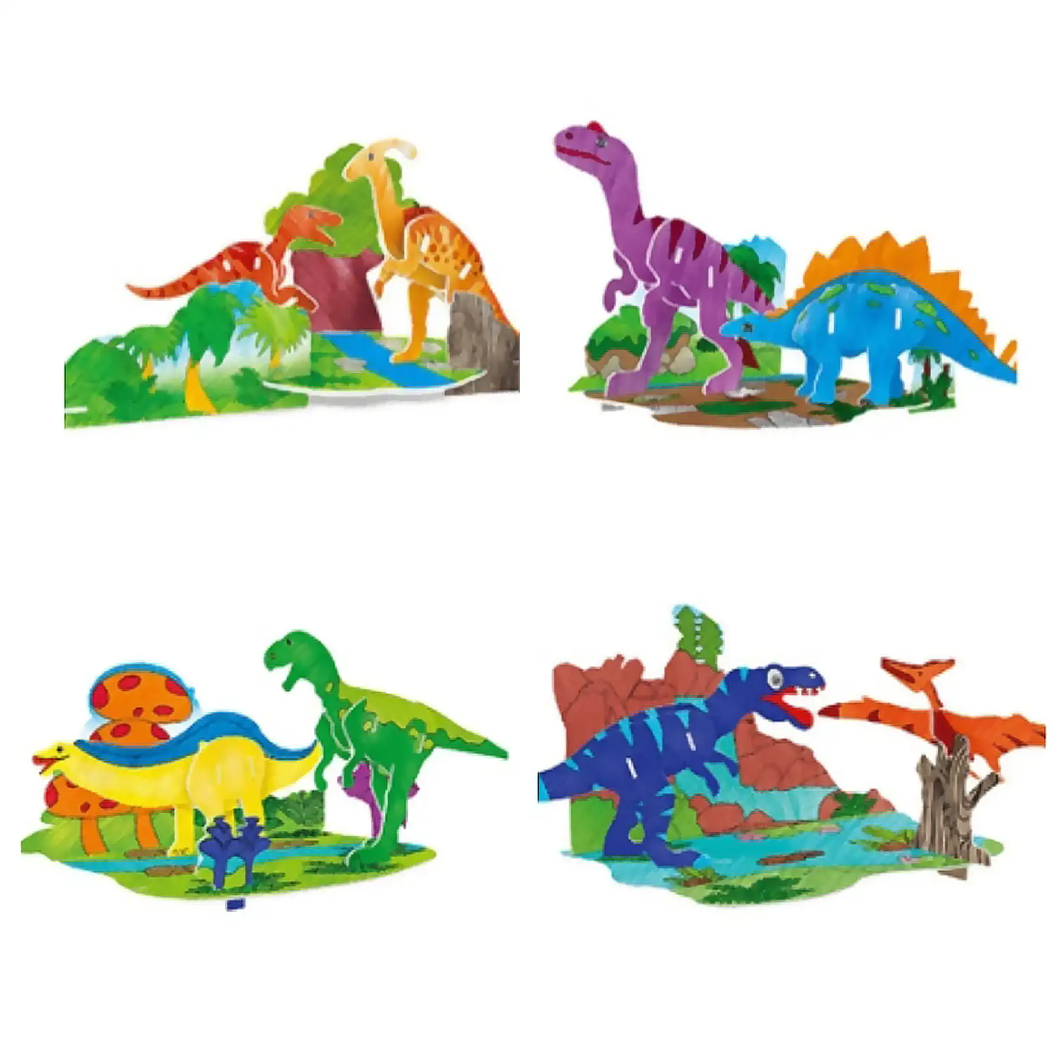 Pack de 4 puzles 3D para colorear de diferentes dinosaurios. Con un total de 51 piezas de cartón.