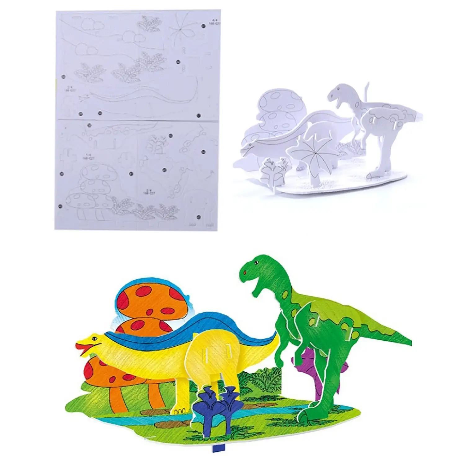 Pack de 4 puzles 3D para colorear de diferentes dinosaurios. Con un total de 51 piezas de cartón.