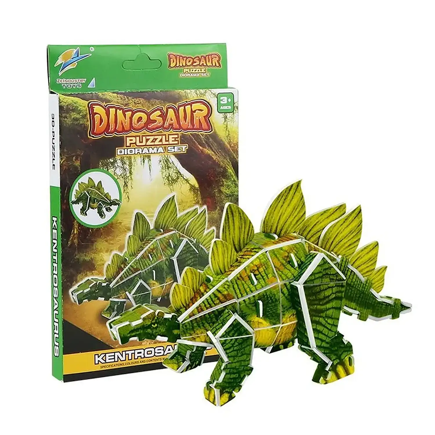 Pack de 4 puzles 3D de cartón de diferentes dinosaurios. Con un total de 90 piezas.