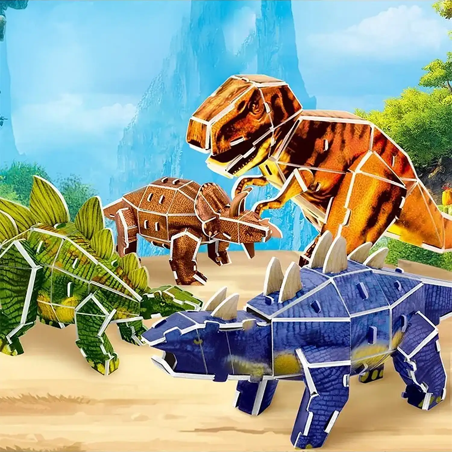 Pack de 4 puzles 3D de cartón de diferentes dinosaurios. Con un total de 90 piezas.