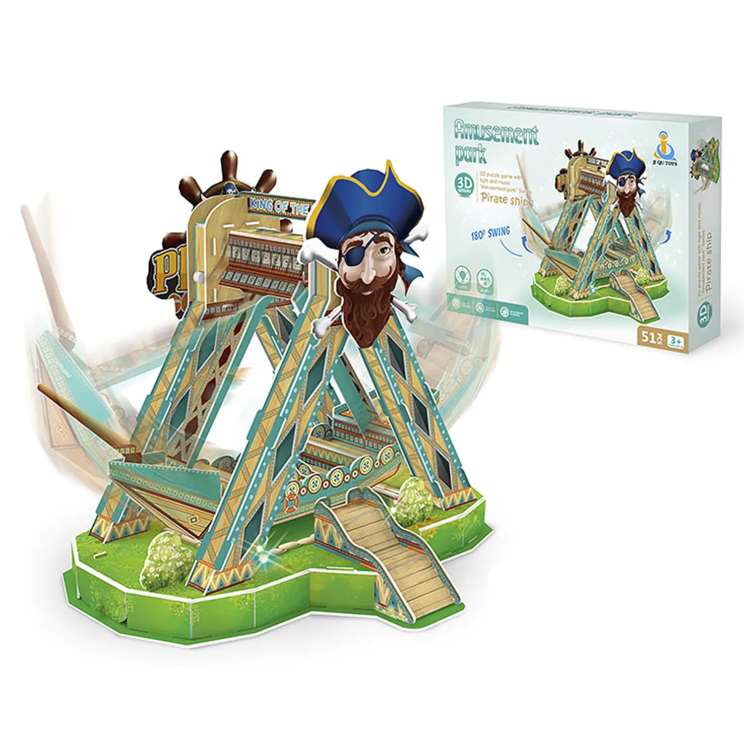 Puzle 3D de cartón de la atracción Barco Pirata con luces y música. 51 piezas.