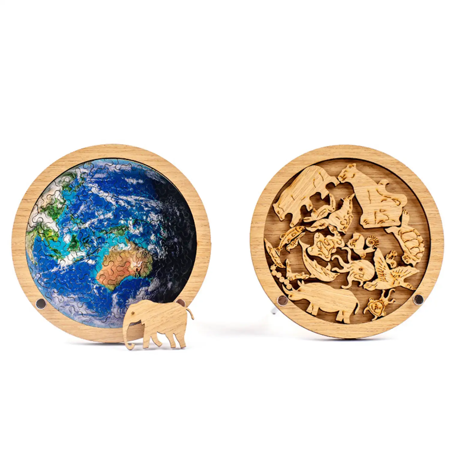 Puzle doble y marco de madera con 34 + 20 piezas. Diseño Tierra y animales.