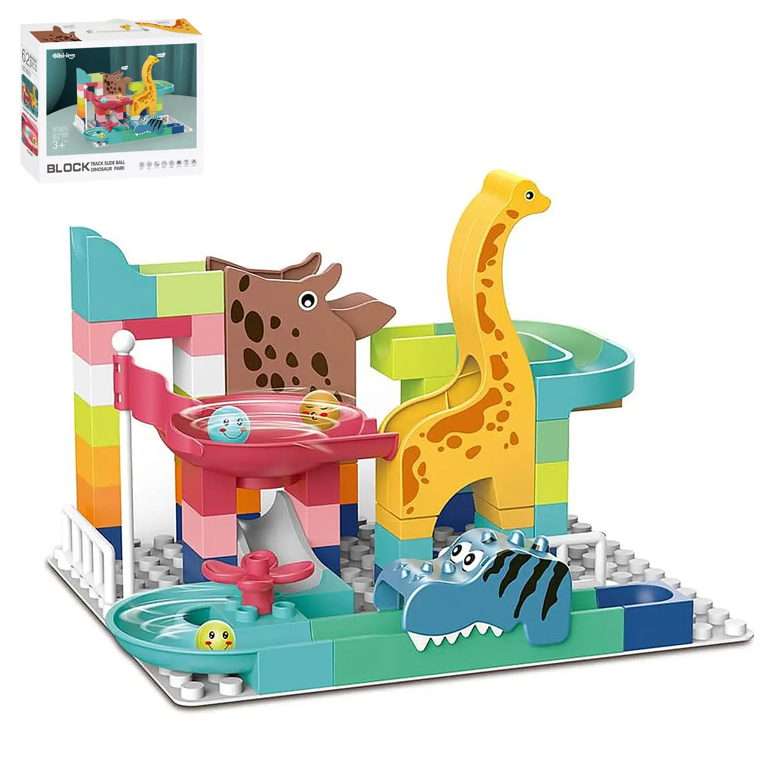 Bloques de construcción de dinosaurios con tobogán de bolas. 62 piezas.