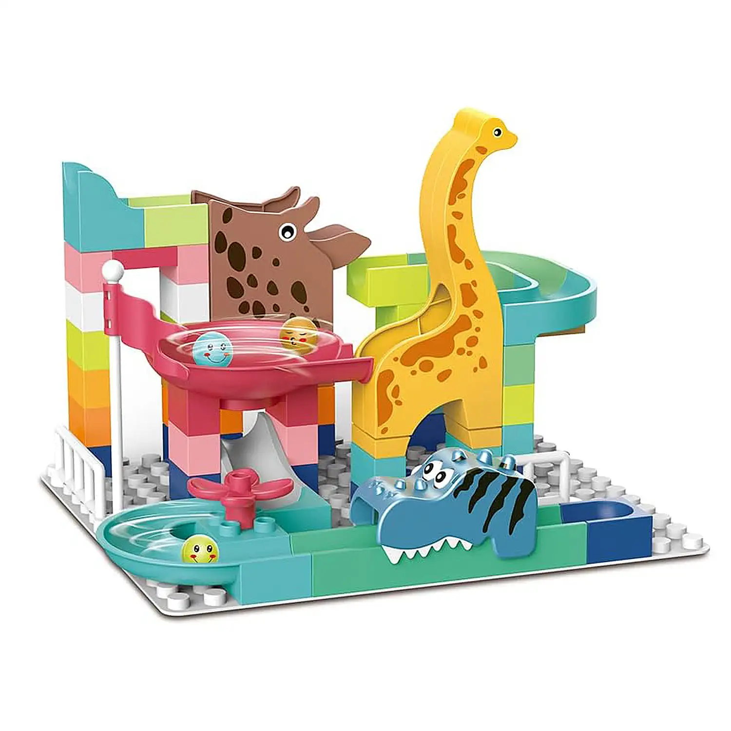 Bloques de construcción de dinosaurios con tobogán de bolas. 62 piezas.
