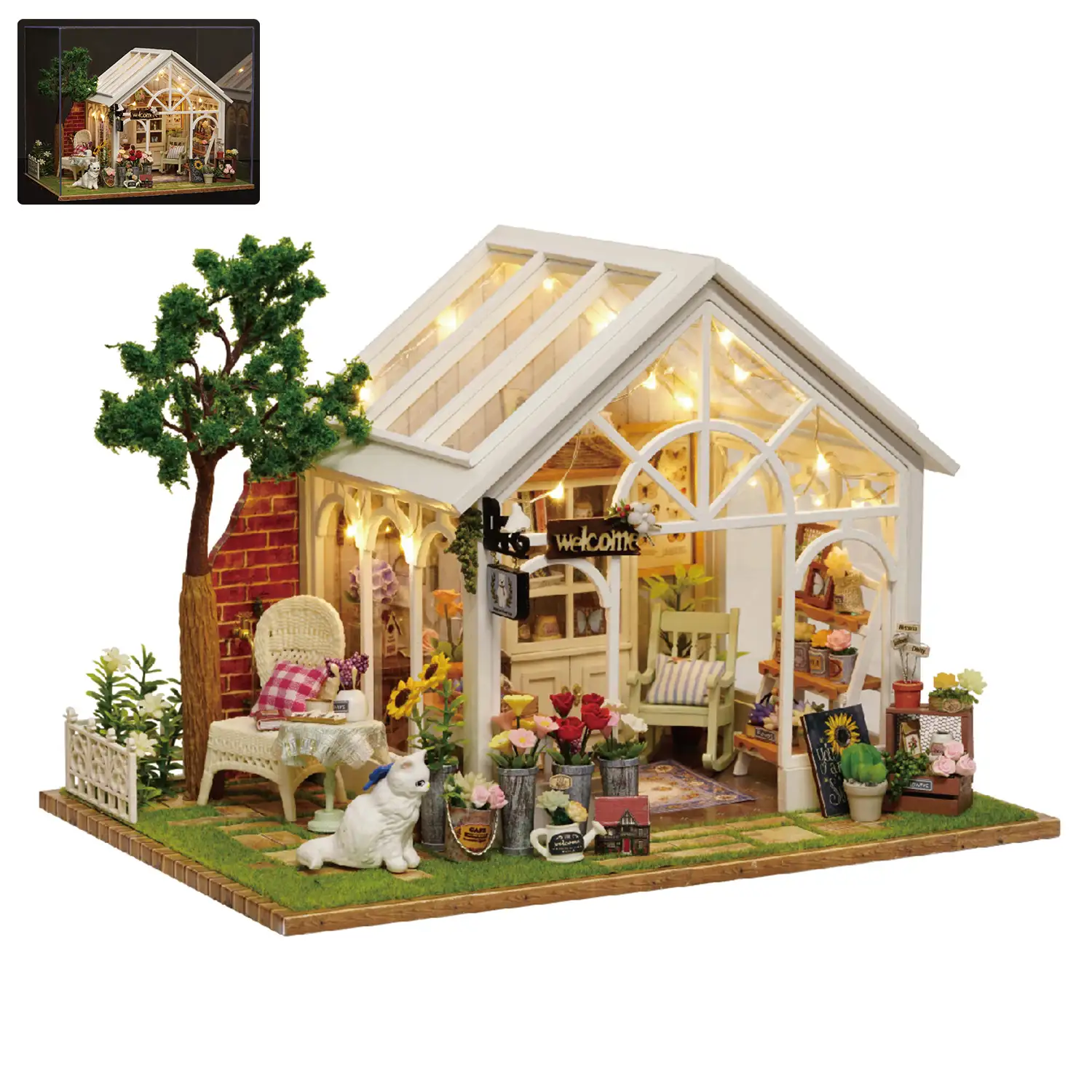 Invernadero con girasoles. Maqueta 3D realista con gran detalle, cubierta antipolvo y luces led.