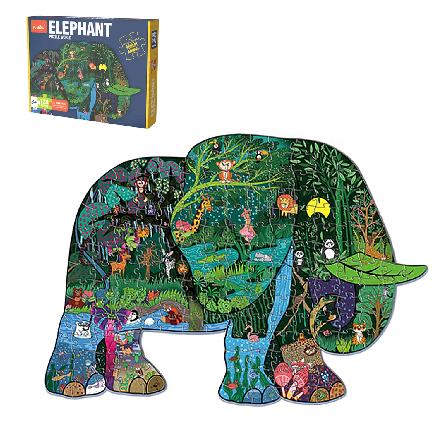 Puzle de cartón con 128 piezas. Diseño Elefante.