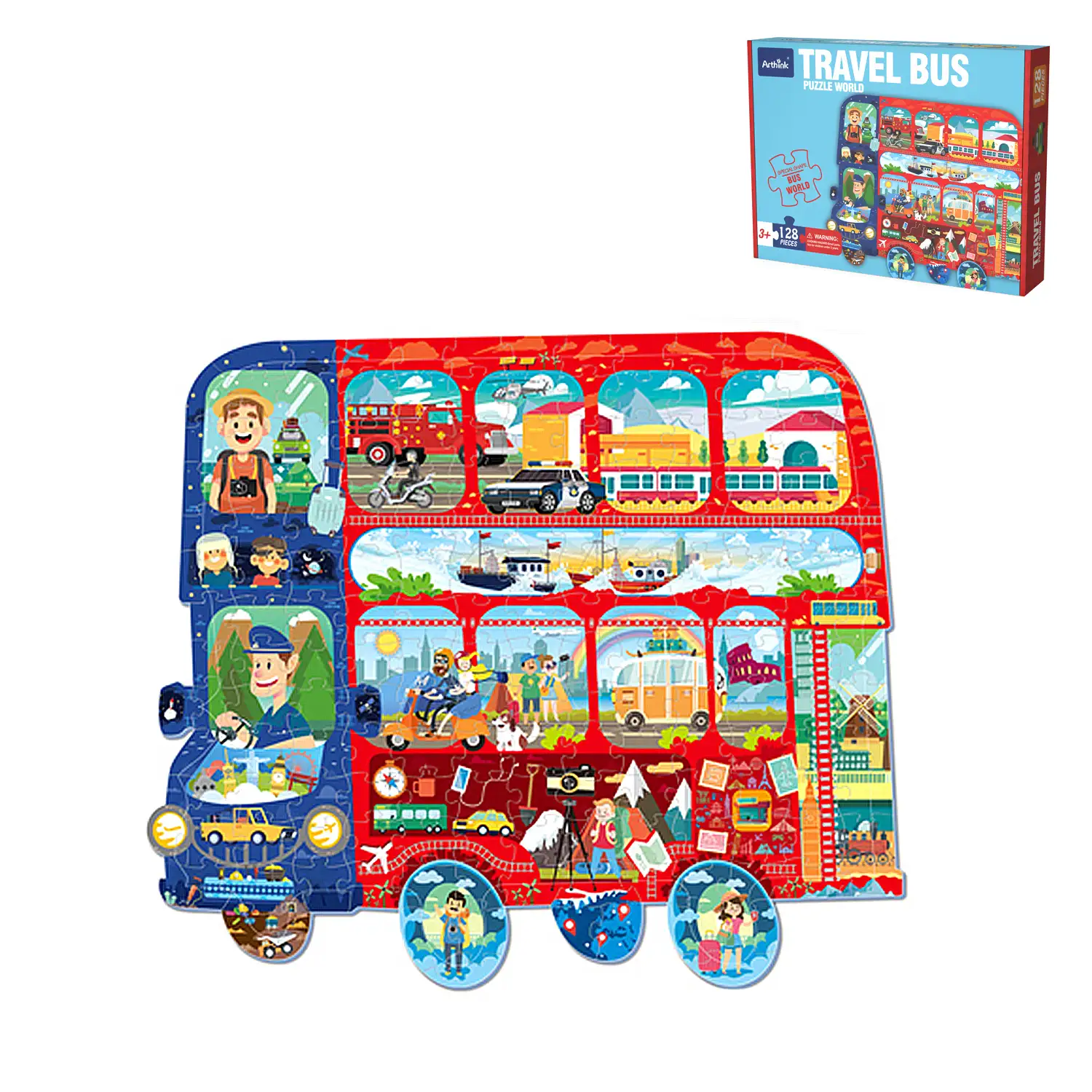 Puzle de cartón con 128 piezas. Diseño Autobus.