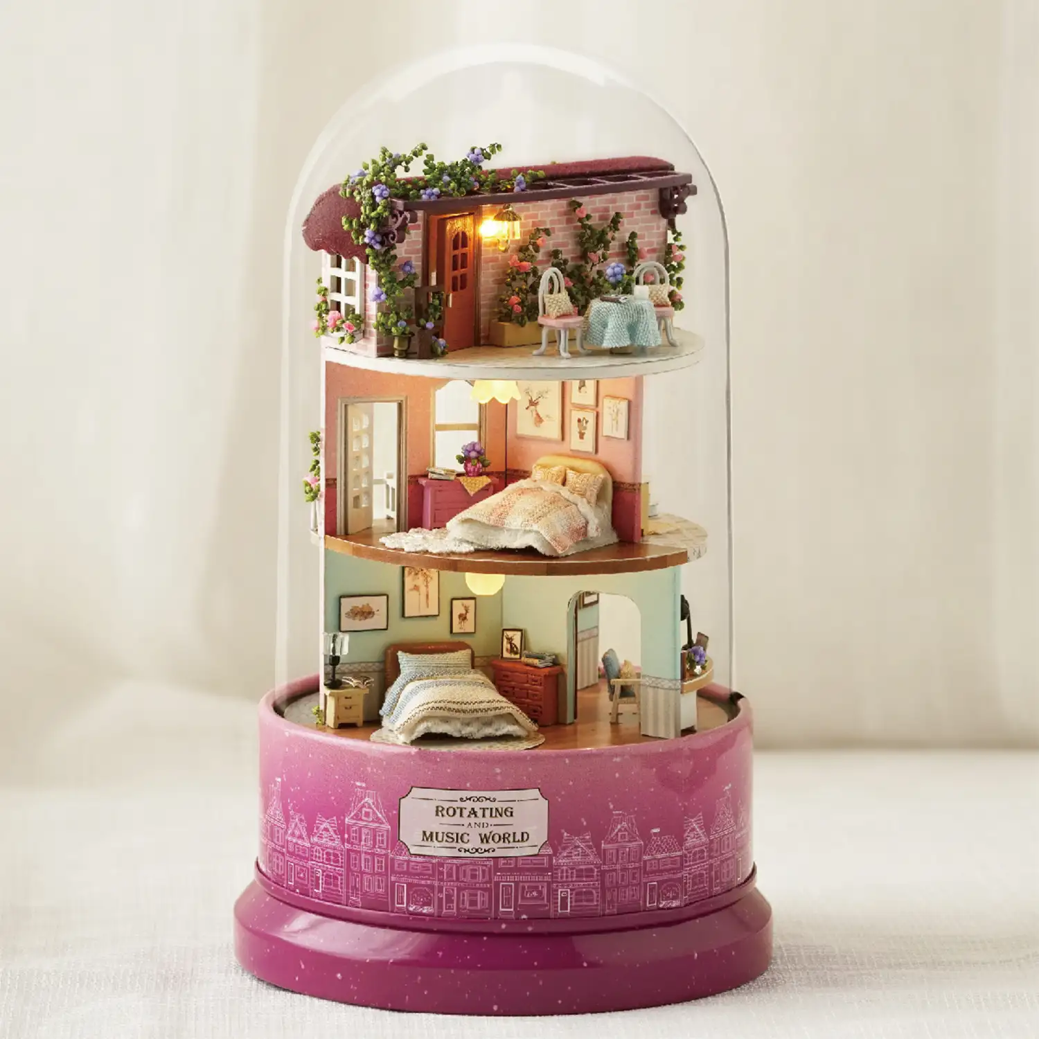 Encontrando Hogar. Maqueta 3D realista con gran detalle, cubierta antipolvo, luces led y base giratoria con música.