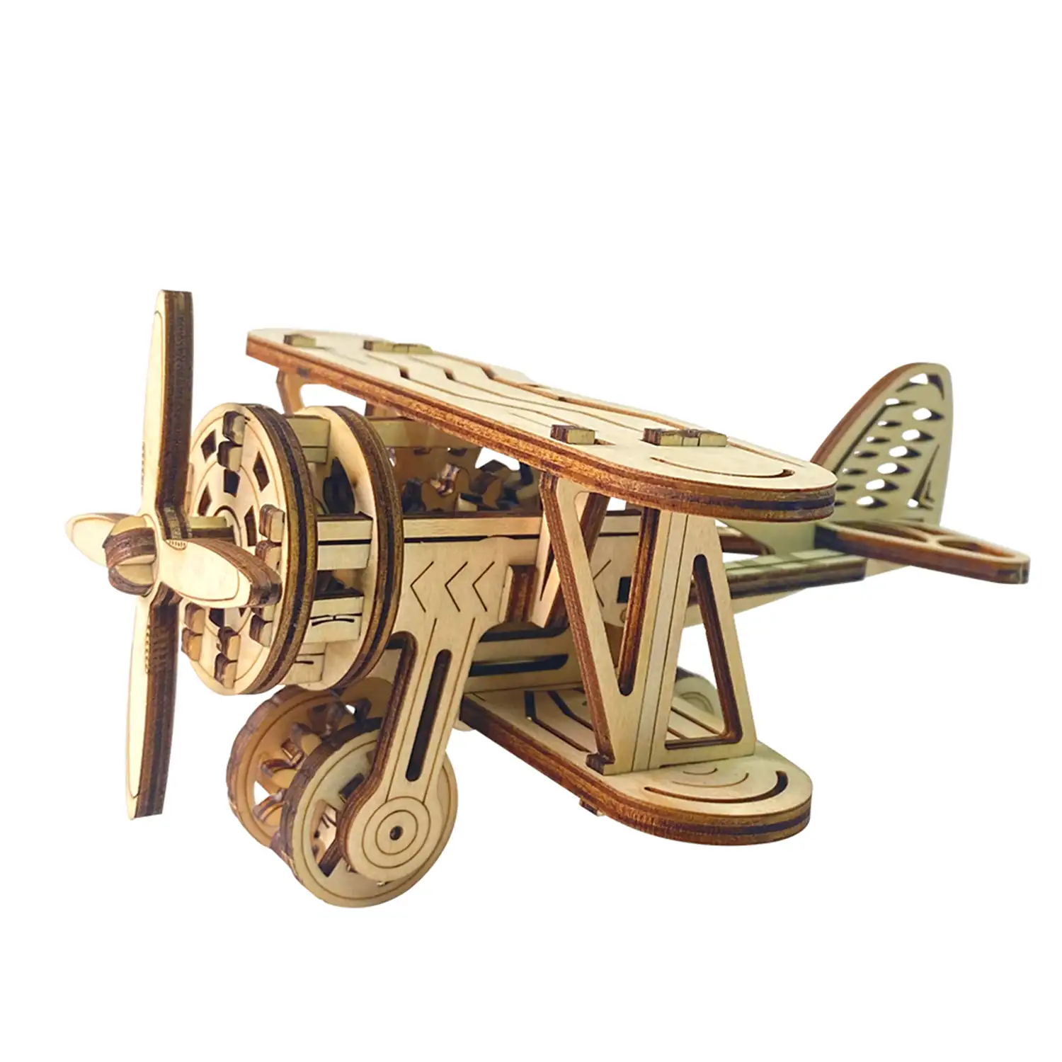 Maqueta de Madera 3D, diseño de Avión mecánico pequeño. 63 piezas.
