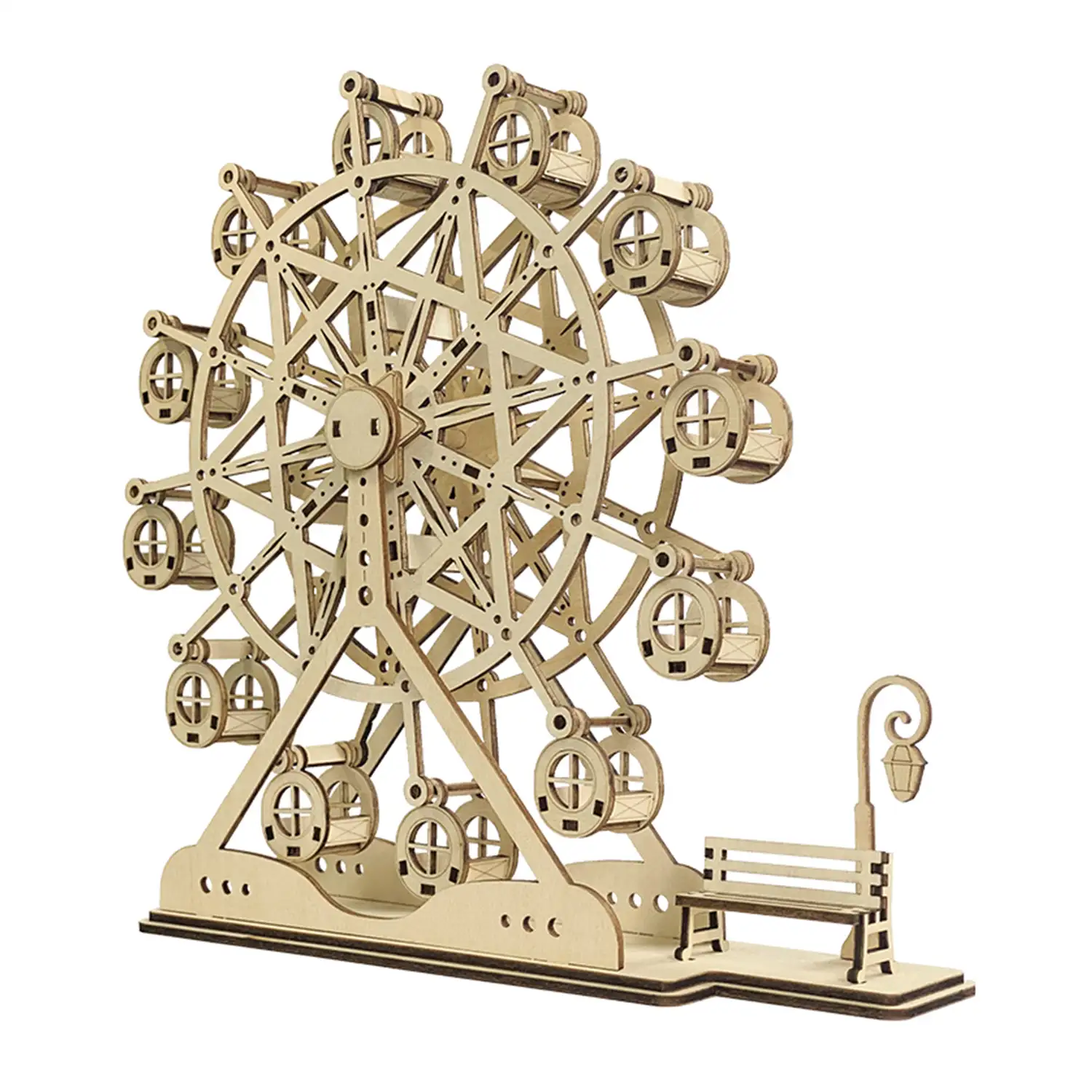 Maqueta de Madera 3D, con movimiento mecánico diseño de Noria. 93 piezas.