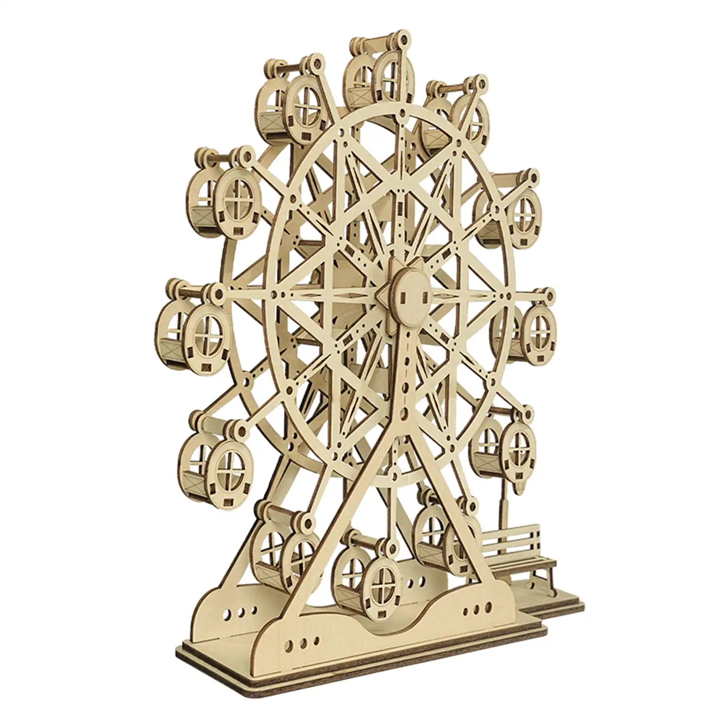 Maqueta de Madera 3D, con movimiento mecánico diseño de Noria. 93 piezas.
