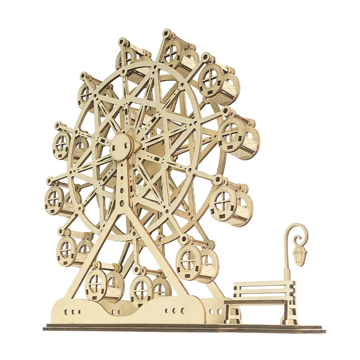 Maqueta de Madera 3D, con movimiento mecánico diseño de Noria. 93 piezas.