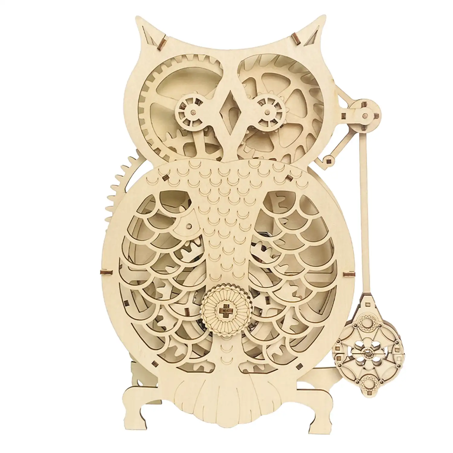 Maqueta de Madera 3D, con movimiento mecánico diseño de Reloj Búho. 106 piezas.