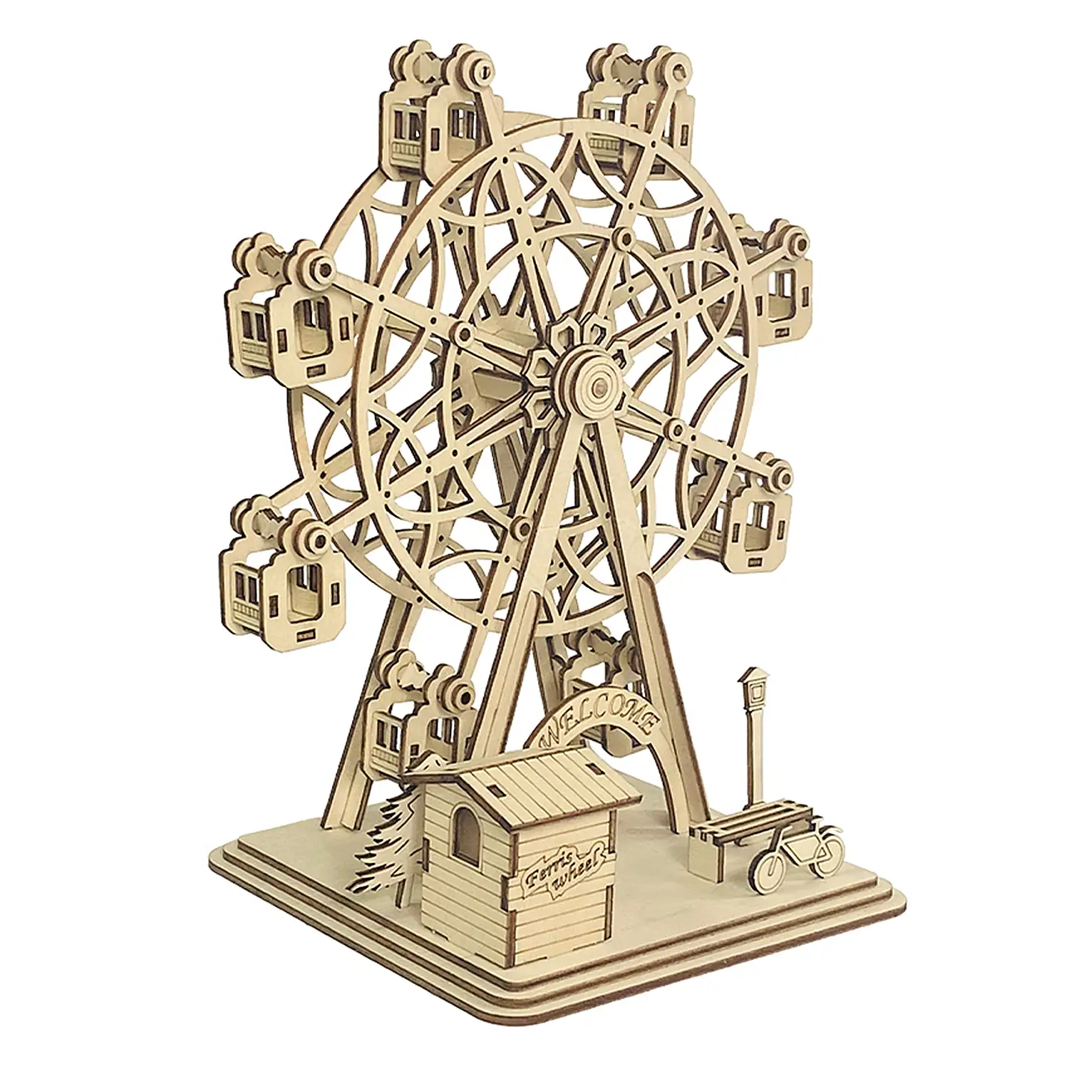 Maqueta de Madera 3D, con movimiento mecánico diseño de Noria Feliz. 117 piezas.