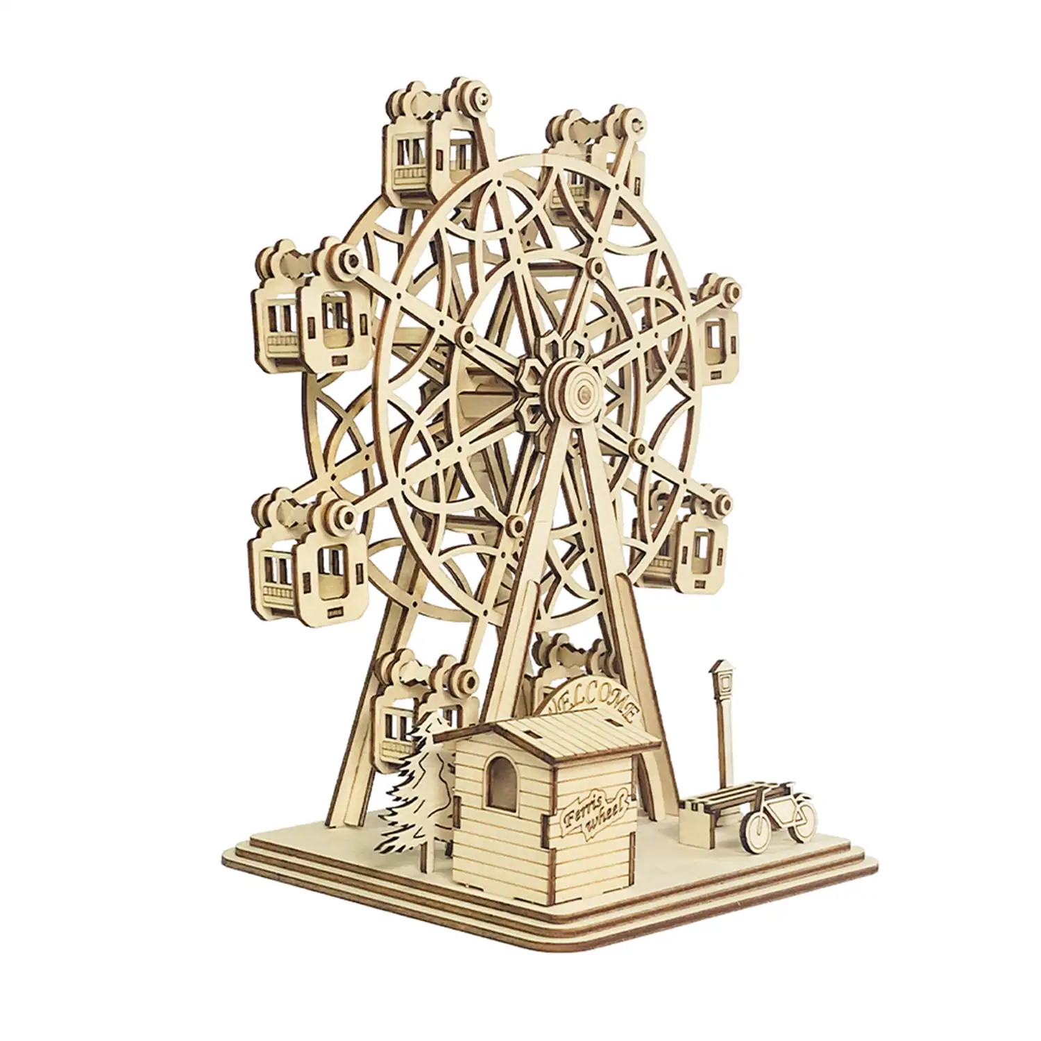 Maqueta de Madera 3D, con movimiento mecánico diseño de Noria Feliz. 117 piezas.