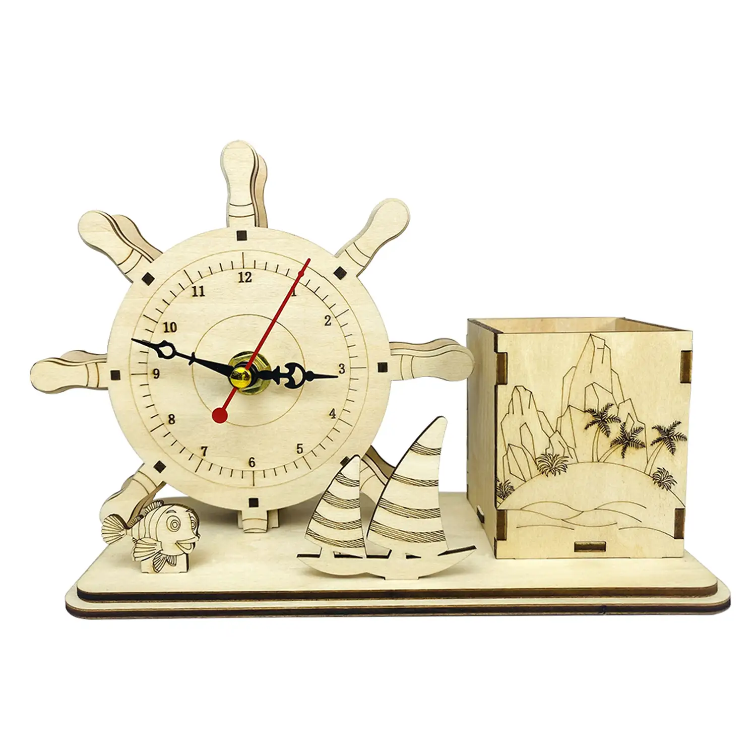 Maqueta de Madera 3D, con movimiento mecánico diseño de Reloj Multifunción - Océano.