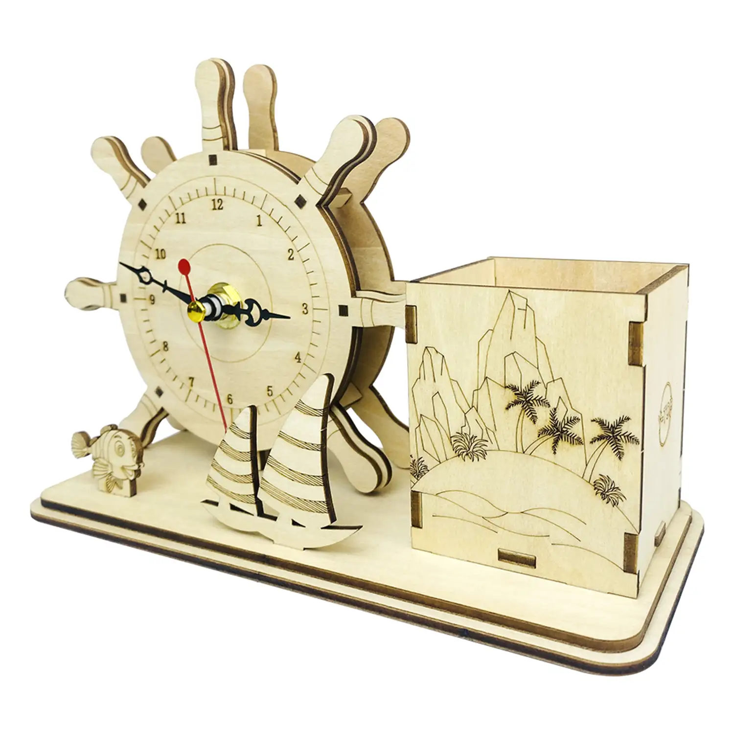 Maqueta de Madera 3D, con movimiento mecánico diseño de Reloj Multifunción - Océano.