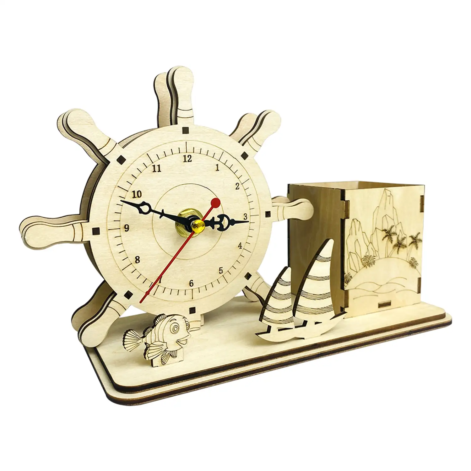 Maqueta de Madera 3D, con movimiento mecánico diseño de Reloj Multifunción - Océano.