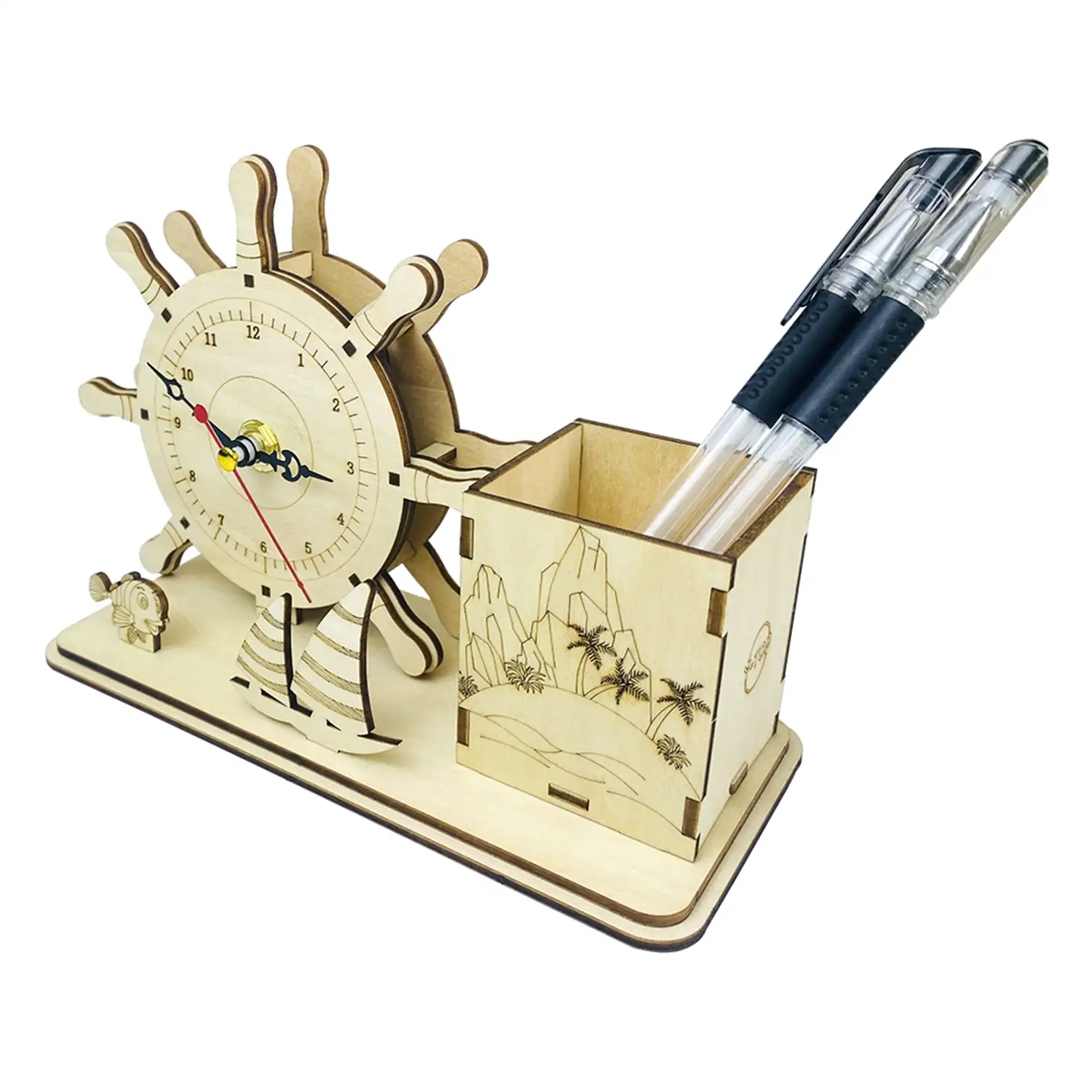 Maqueta de Madera 3D, con movimiento mecánico diseño de Reloj Multifunción - Océano.