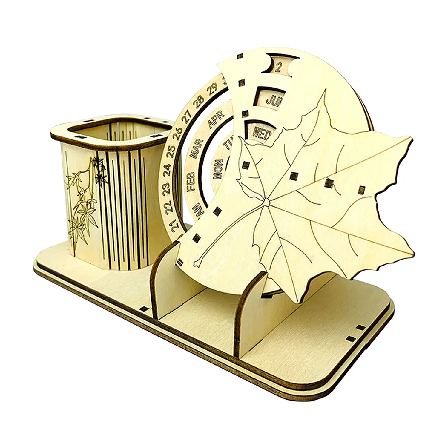Maqueta de Madera 3D, con movimiento mecánico diseño de Calendario Perpetuo Portalápices.