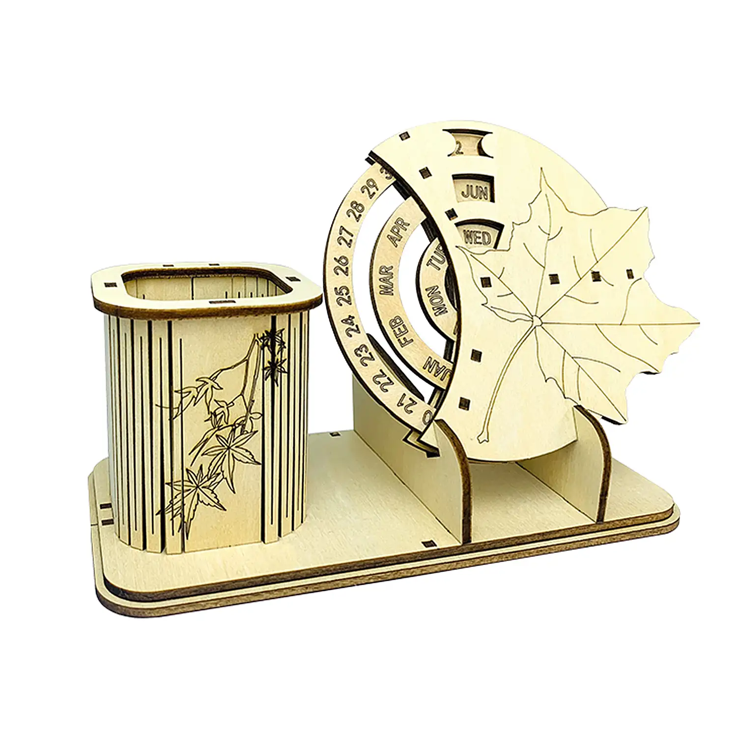 Maqueta de Madera 3D, con movimiento mecánico diseño de Calendario Perpetuo Portalápices.