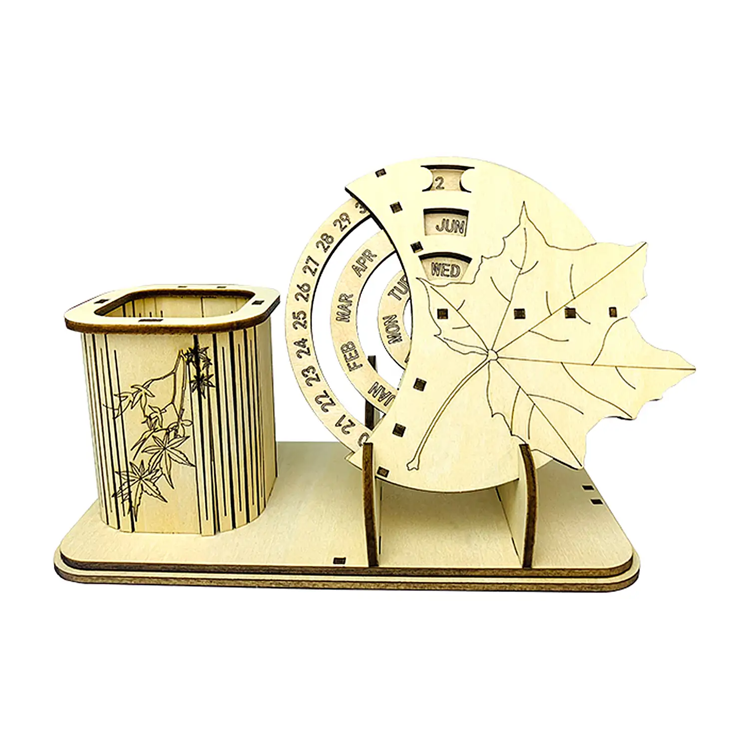 Maqueta de Madera 3D, con movimiento mecánico diseño de Calendario Perpetuo Portalápices.