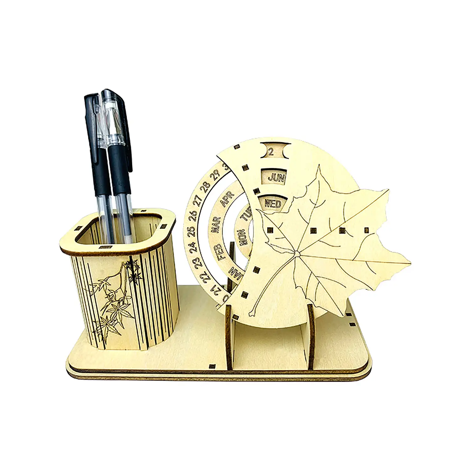 Maqueta de Madera 3D, con movimiento mecánico diseño de Calendario Perpetuo Portalápices.
