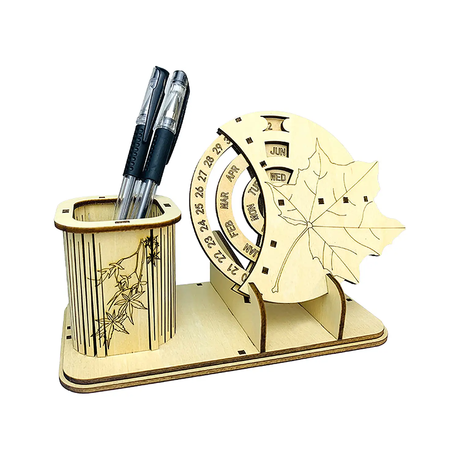 Maqueta de Madera 3D, con movimiento mecánico diseño de Calendario Perpetuo Portalápices.