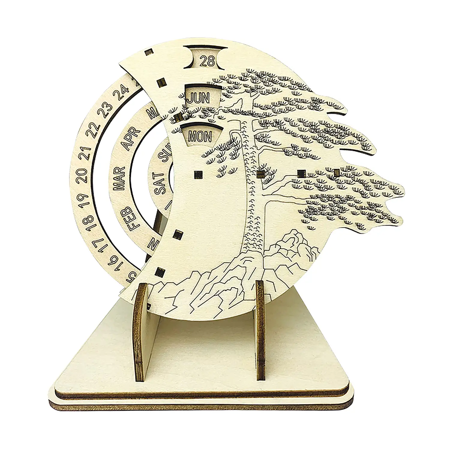 Maqueta de Madera 3D, con movimiento mecánico diseño de Calendario con soporte.