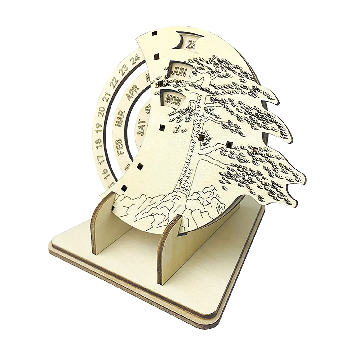 Maqueta de Madera 3D, con movimiento mecánico diseño de Calendario con soporte.